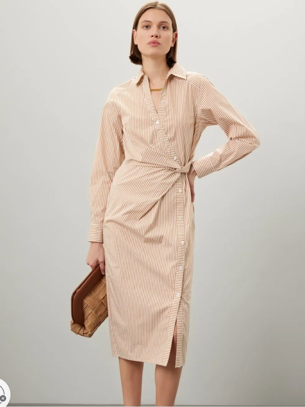 Veronica Beard Beige & White Striped Wrap Midi Dress